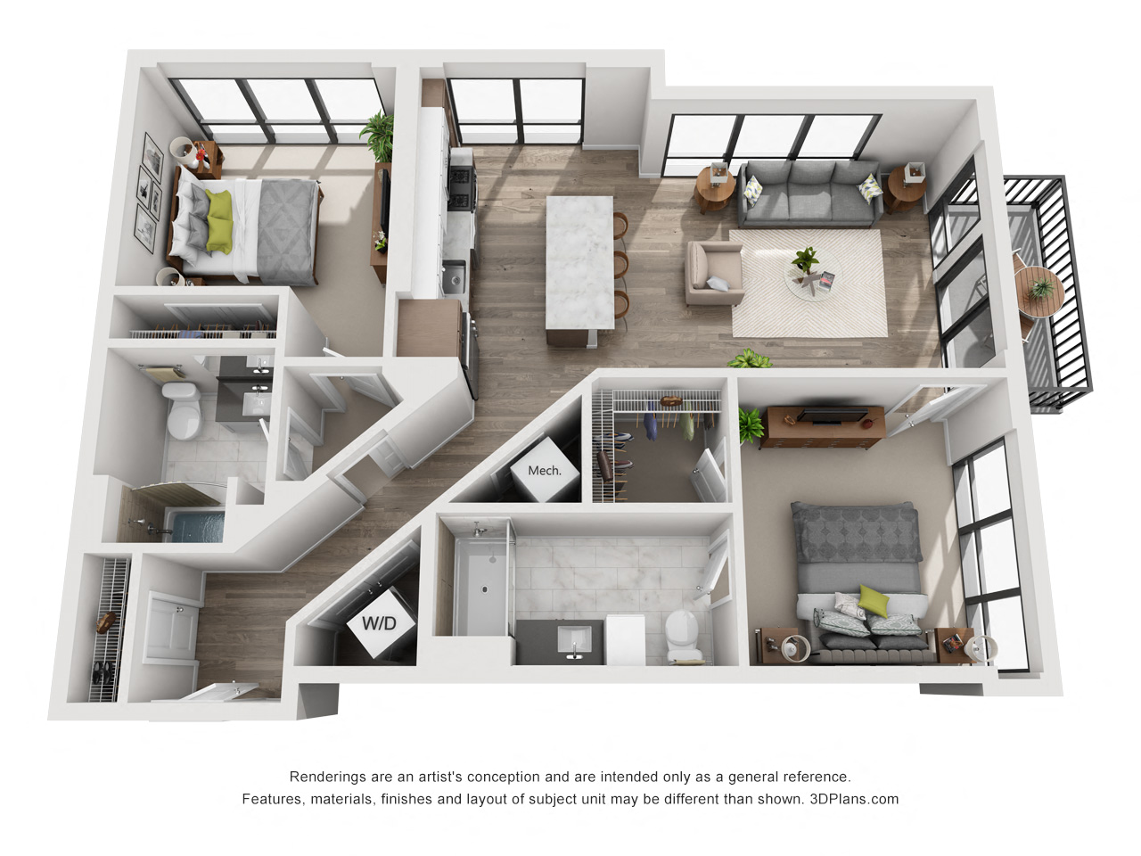 Floor plan for 2 beds, 2 baths, 1062 sqft